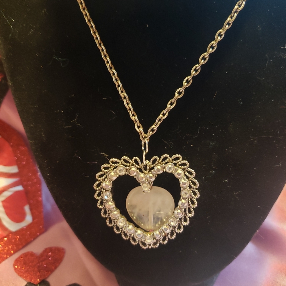 Valentines Silver diamonds rose stone necklace with gift box